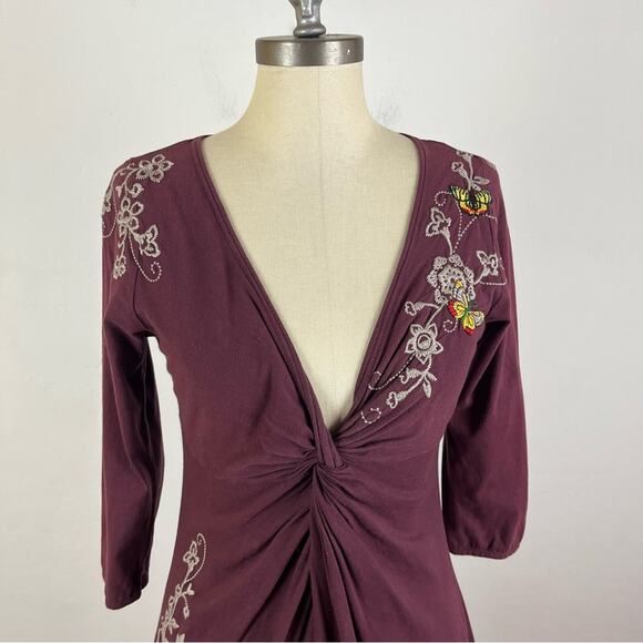 JW Johnny Was Maroon Embroidered V Neck Dress - Picture 3 of 8